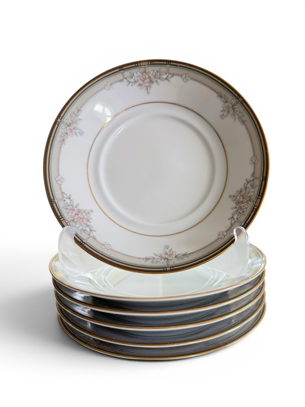 Noritake Blossom Mist Saucers Set of 6 White Floral Gold Trim Sri Lanka 3787
